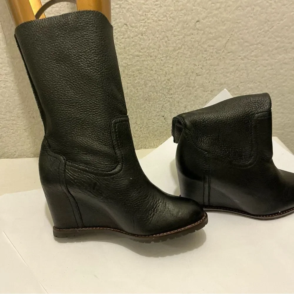 H.S. Trask Black Leather Mid-Calf Wedge Heeled Boot Shoe Women's Size 6M